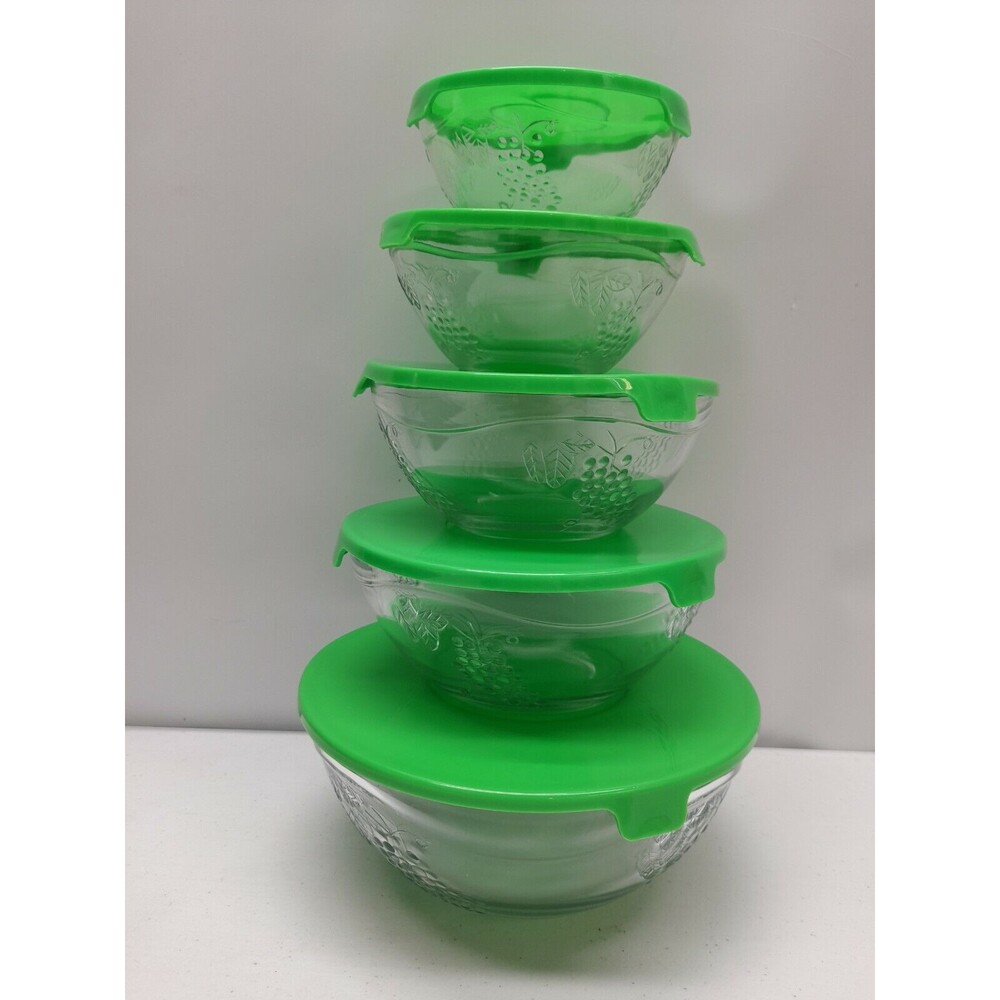 Set of 5 Clear Glass Nesting Bowls & Green Lids Grape Design